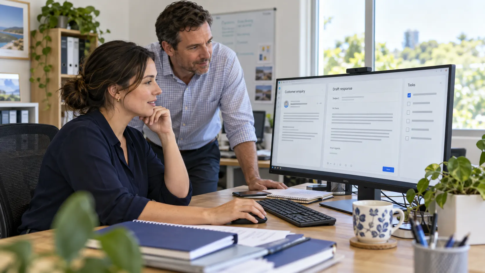 Two office colleagues reviewing a customer enquiry, a draft reply and a task list on a computer