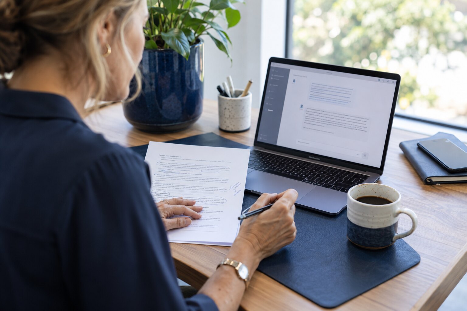 Business owner checking an AI-assisted draft against printed notes