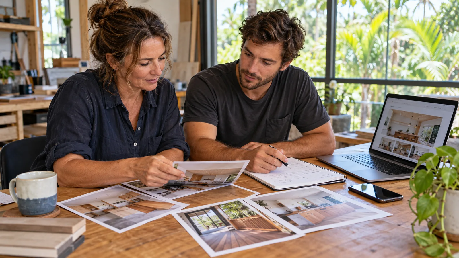 Two small business colleagues planning useful content with project photographs, a notebook and a laptop