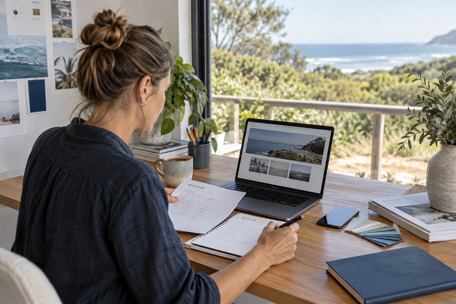 Business owner planning a website with a laptop and written brief