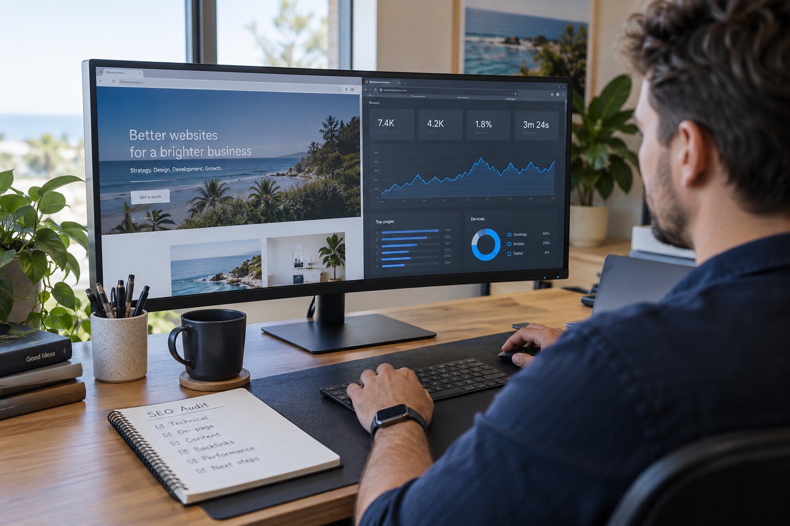 Developer reviewing a website, analytics and an SEO checklist