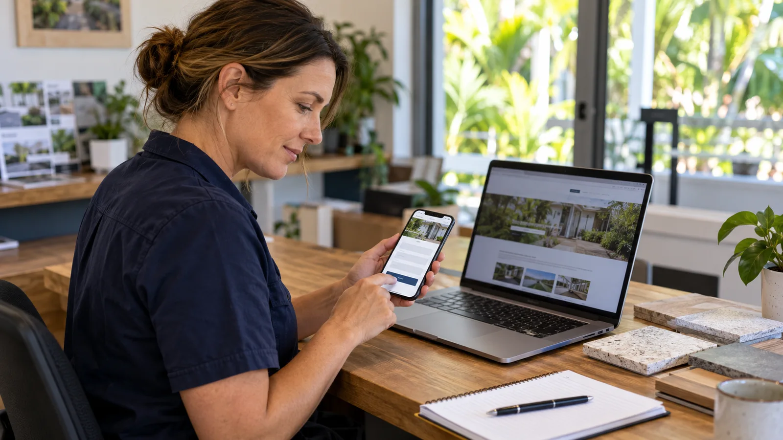 Small business owner checking a website enquiry form on her phone beside a laptop