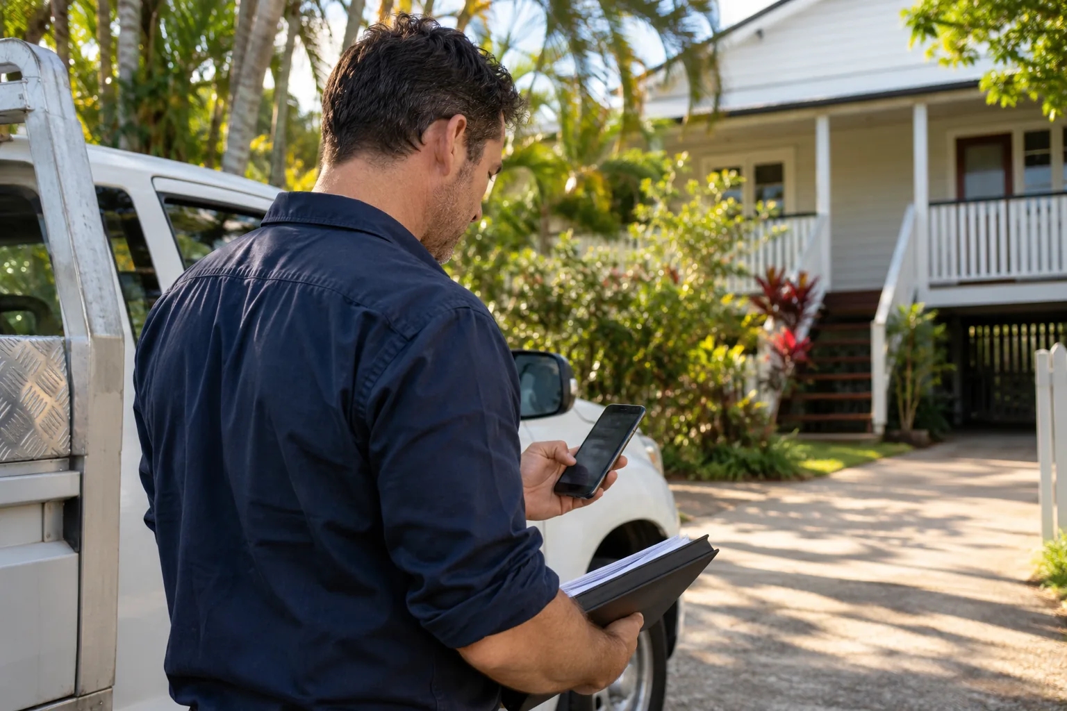 Service-business owner checking a customer enquiry beside a ute at a Queensland home