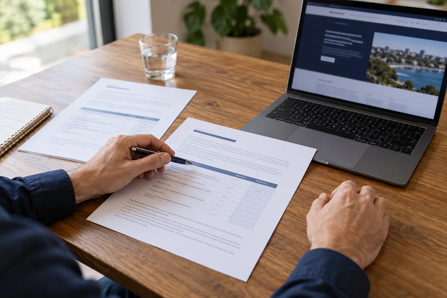 Business owner comparing written proposals beside a laptop at a timber desk