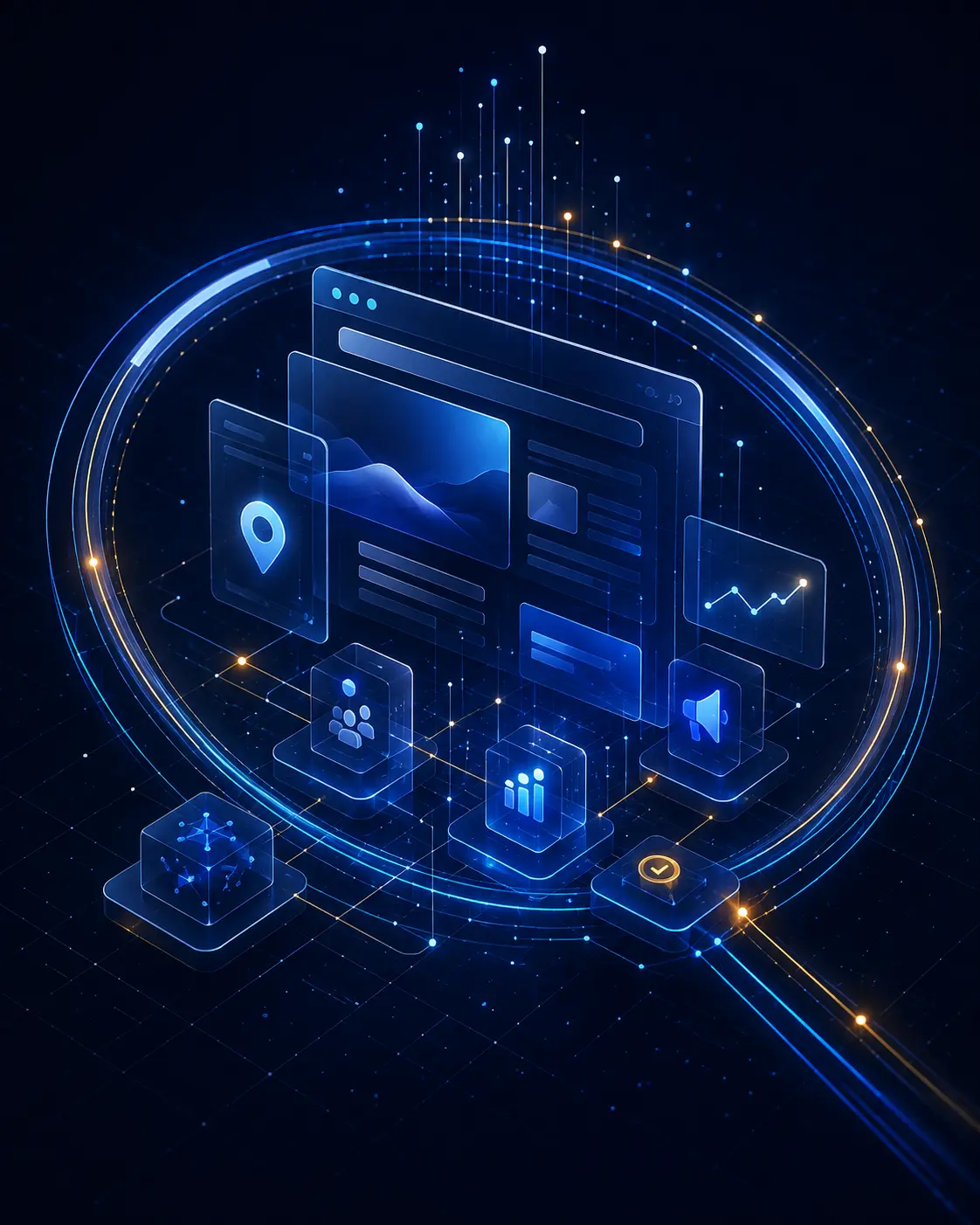 Abstract connected digital system representing website design, SEO, local search, Meta advertising and analytics